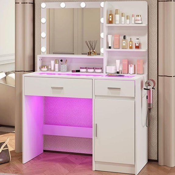 CollaredEagle White Vanity Desk with Mirror & RGB Lights