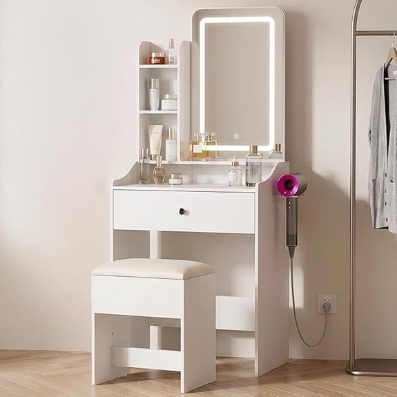 DUMOS Small Makeup Vanity Desk with LED Mirror and Storage Bench