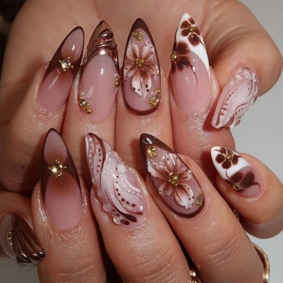 French Tips Press-On Nails with 5D Flower Design (24Pcs)