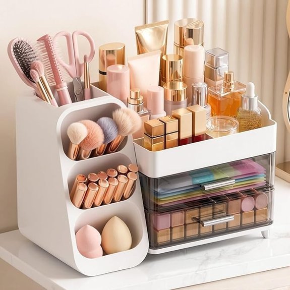 Large Capacity Makeup Organizer with Brush Holder (White)