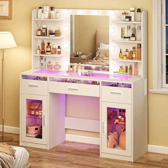 HUAHUU Vanity Desk with Mirror Lights & RGB Drawers